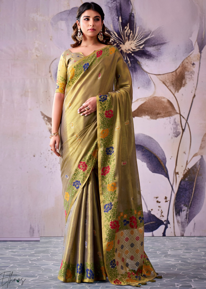 Olive Green Floral-Patola Pallu Tissue Silk Saree