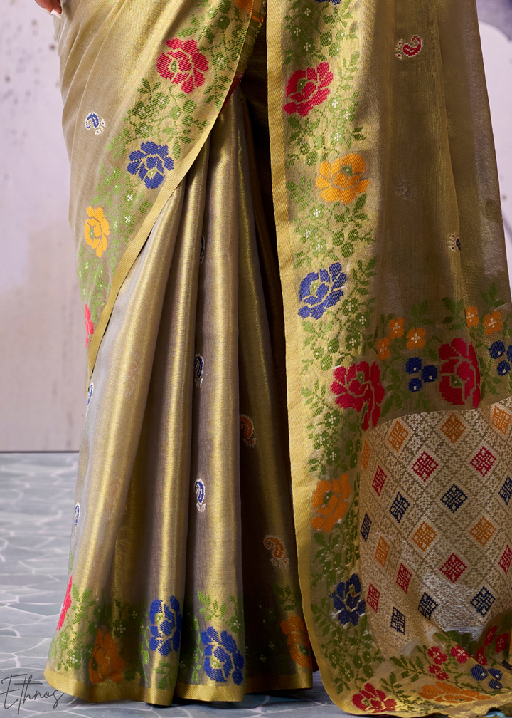 Olive Green Floral-Patola Pallu Tissue Silk Saree