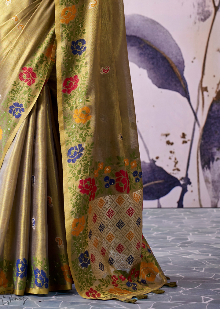Olive Green Floral-Patola Pallu Tissue Silk Saree