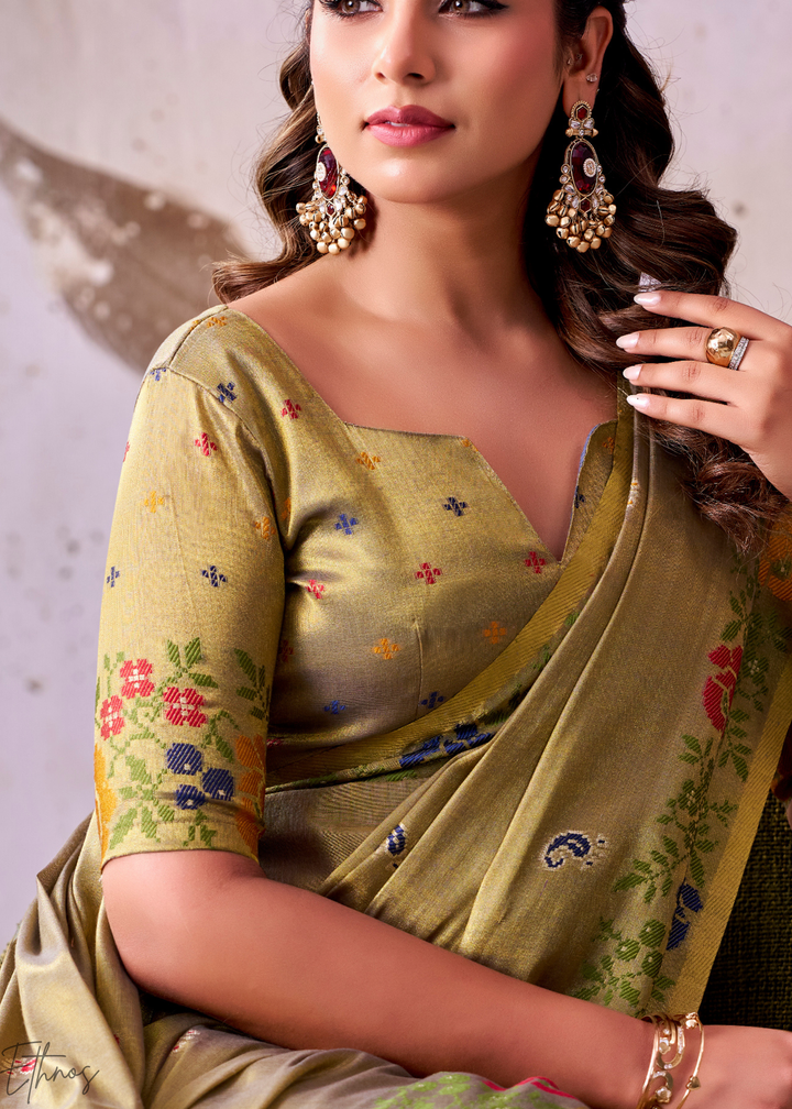 Olive Green Floral-Patola Pallu Tissue Silk Saree