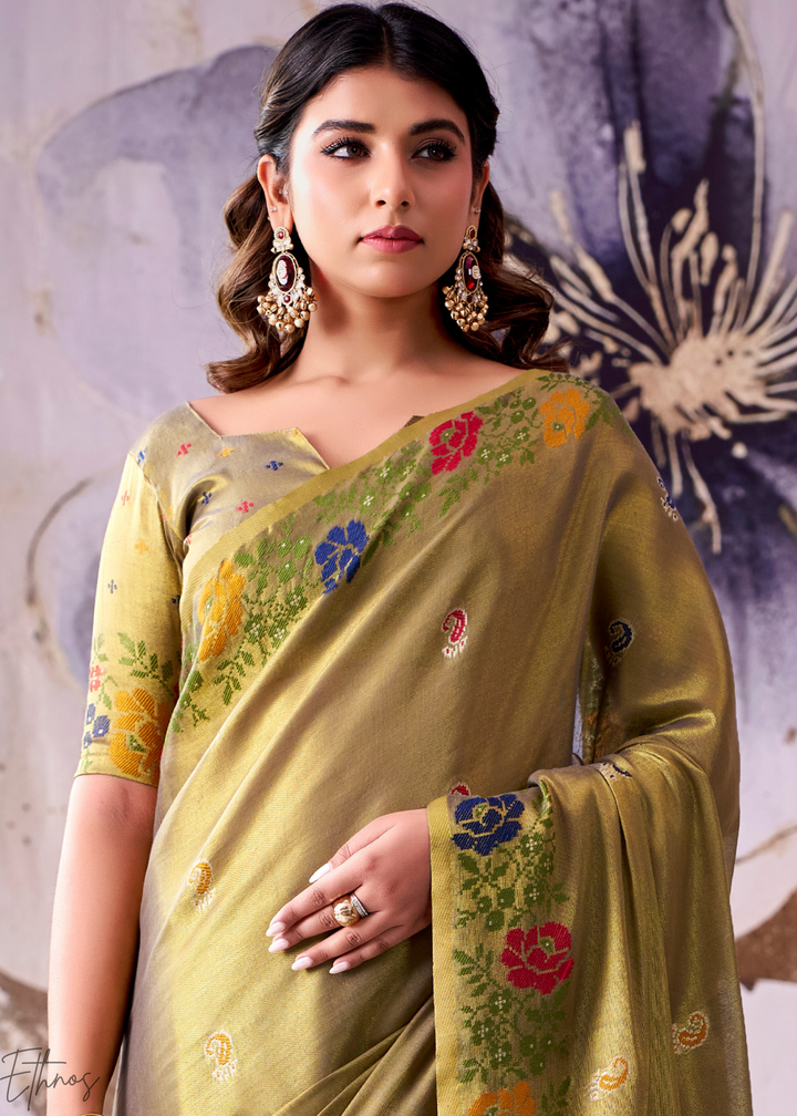 Olive Green Floral-Patola Pallu Tissue Silk Saree