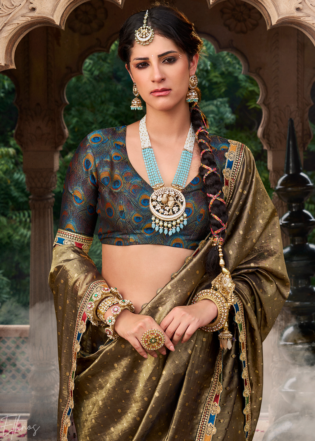 Olive Khaki Pom-Pom Border Tissue Silk Saree
