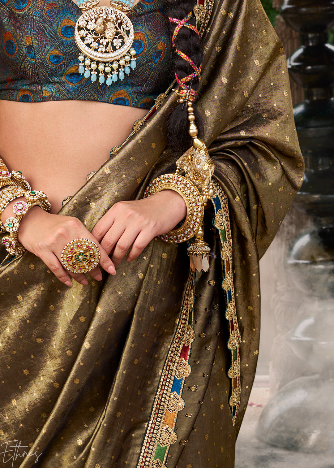 Olive Khaki Pom-Pom Border Tissue Silk Saree