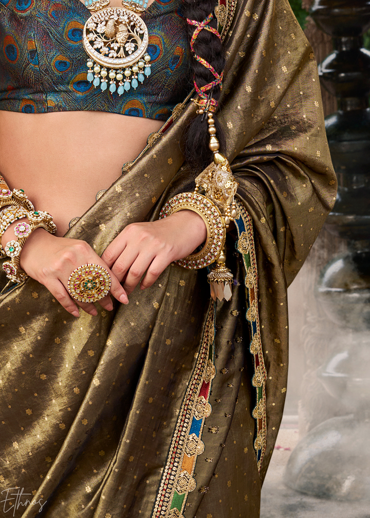 Olive Khaki Pom-Pom Border Tissue Silk Saree