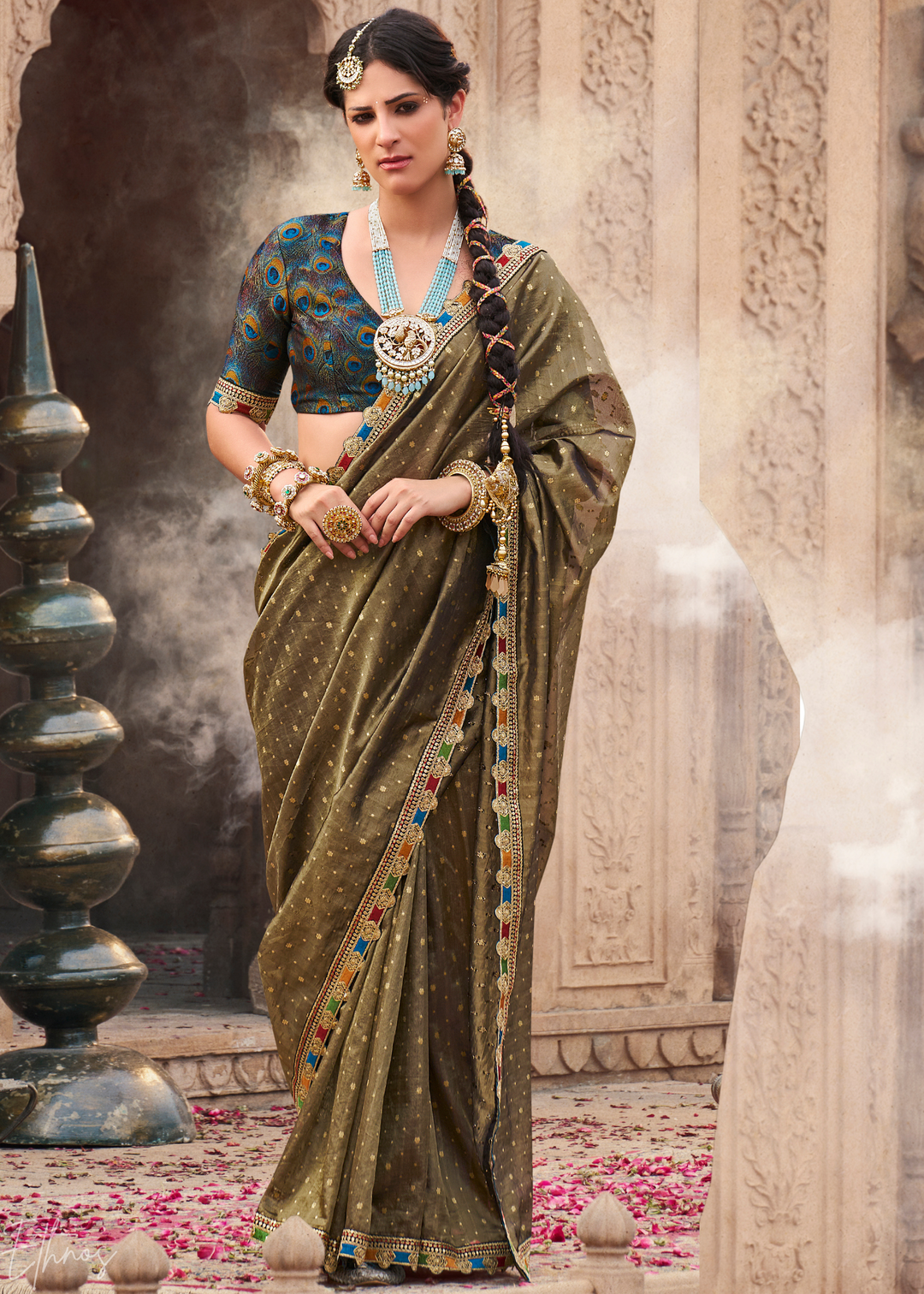Olive Khaki Pom-Pom Border Tissue Silk Saree