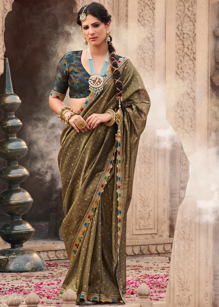 Olive Khaki Pom-Pom Border Tissue Silk Saree