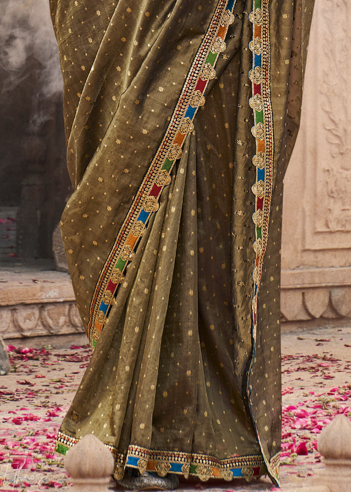 Olive Khaki Pom-Pom Border Tissue Silk Saree