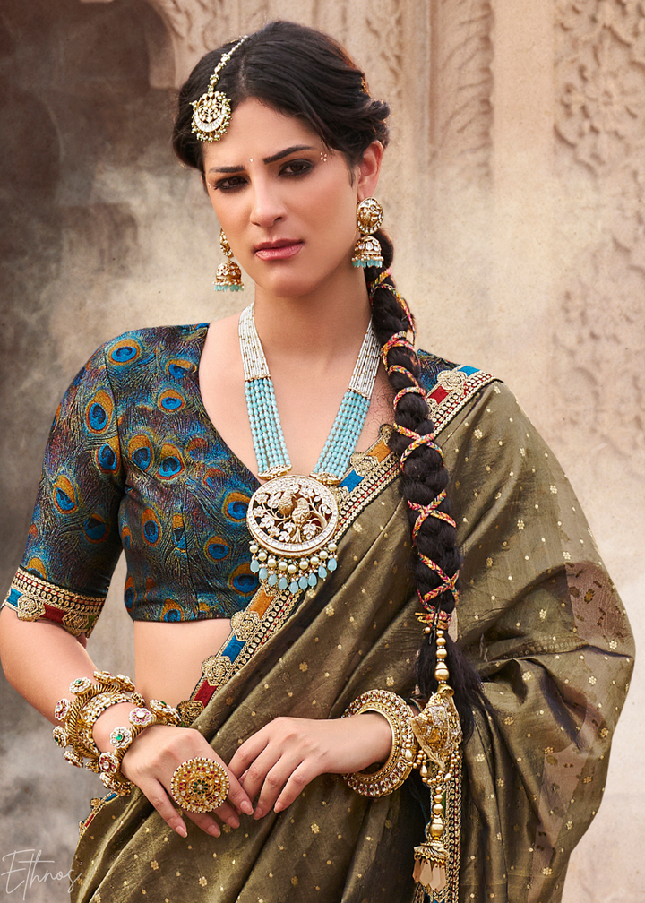 Olive Khaki Pom-Pom Border Tissue Silk Saree