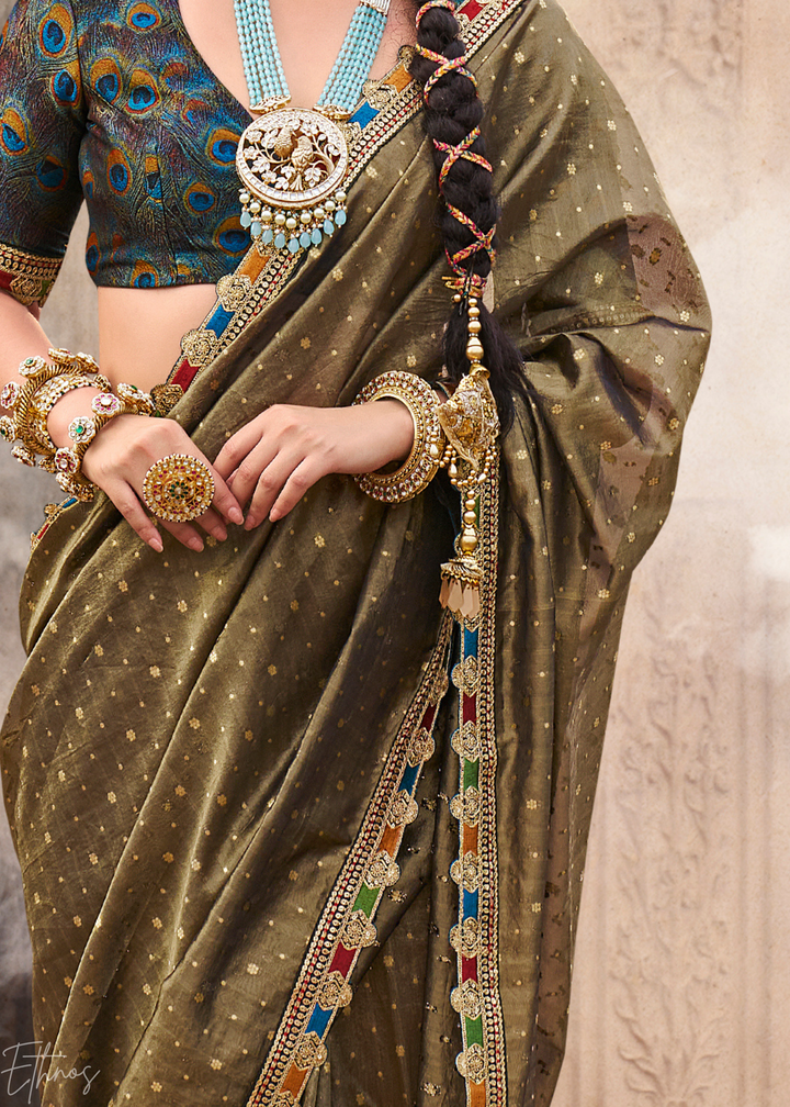 Olive Khaki Pom-Pom Border Tissue Silk Saree