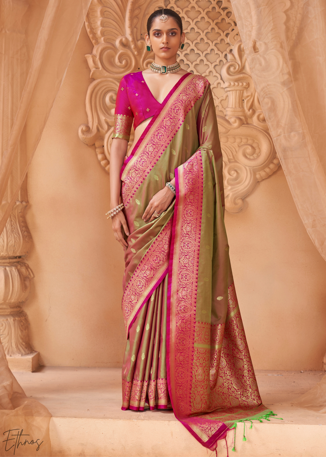 Champagne Bronze Traditional Zari Woven Silk Saree
