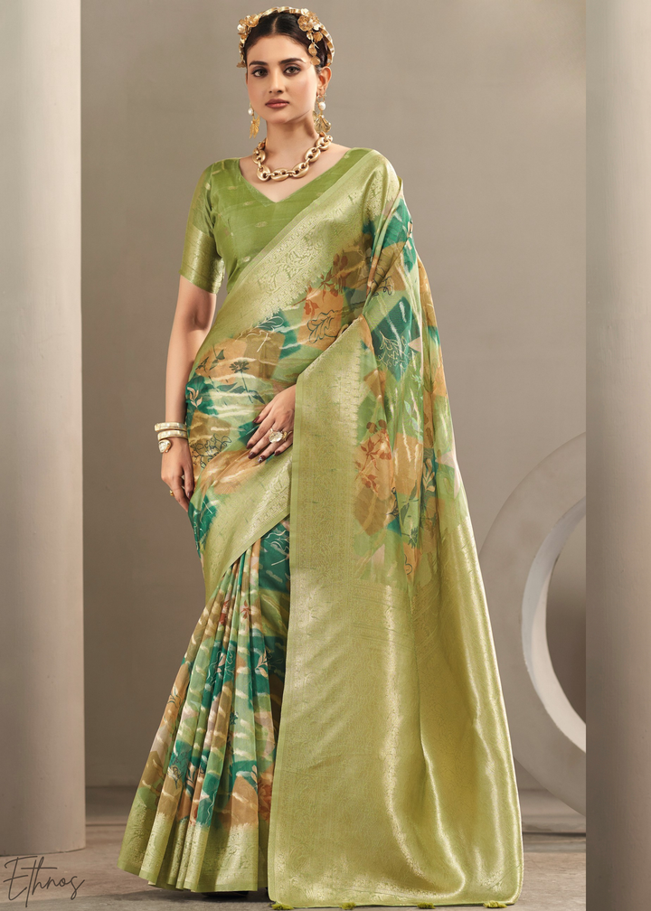 Olive Lime Abstract Digital Print Metallic Vellora Saree