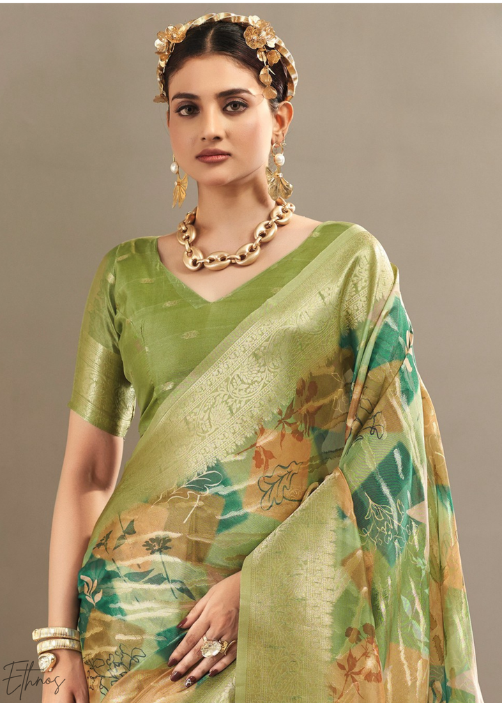 Olive Lime Abstract Digital Print Metallic Vellora Saree