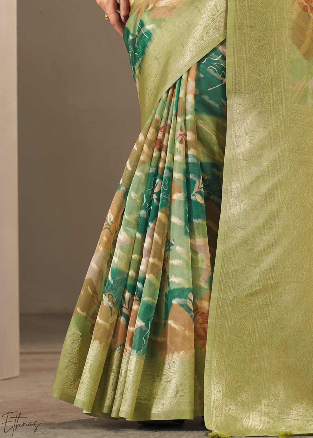 Olive Lime Abstract Digital Print Metallic Vellora Saree