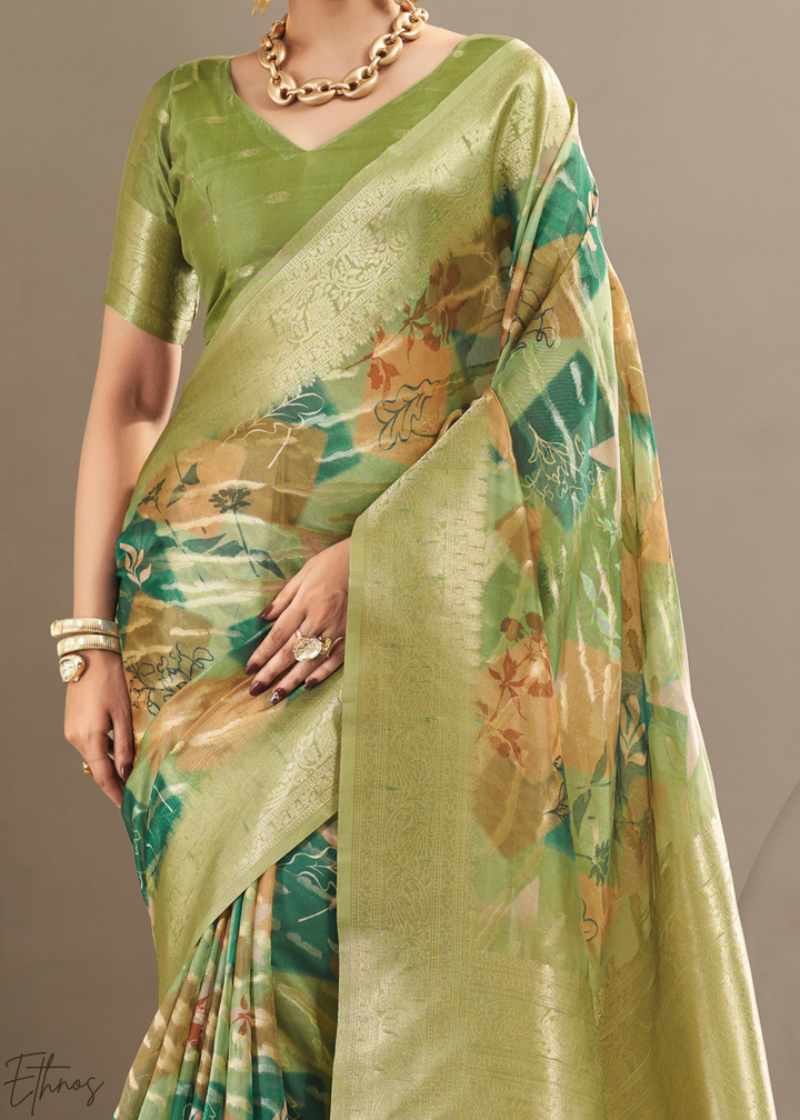 Olive Lime Abstract Digital Print Metallic Vellora Saree
