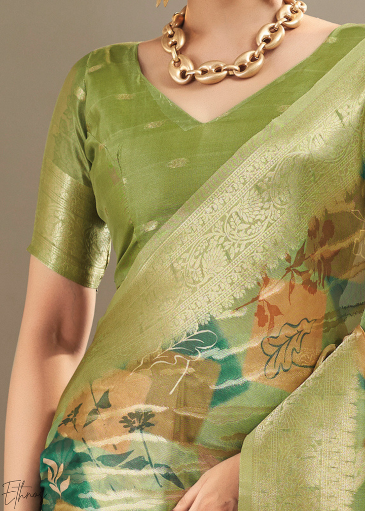 Olive Lime Abstract Digital Print Metallic Vellora Saree