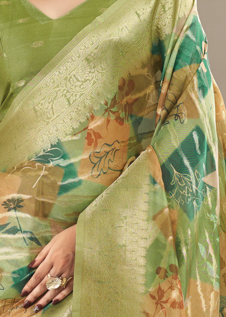 Olive Lime Abstract Digital Print Metallic Vellora Saree