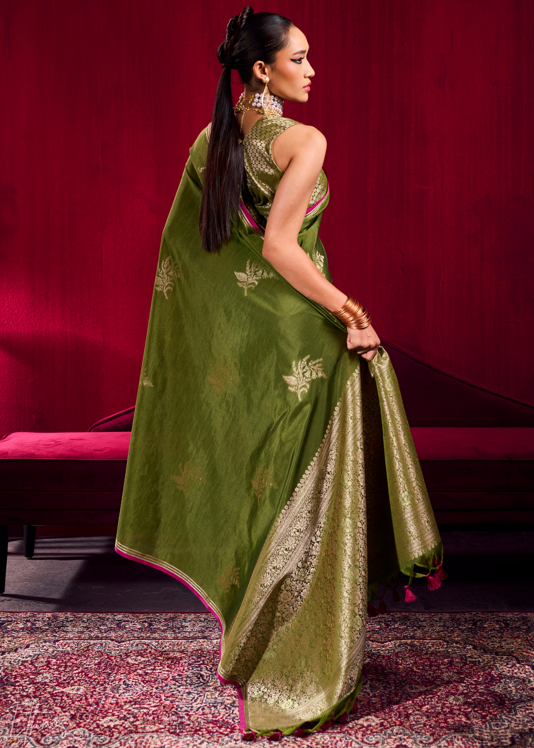 Olive Lotus Zari Satin Linen Silk Saree