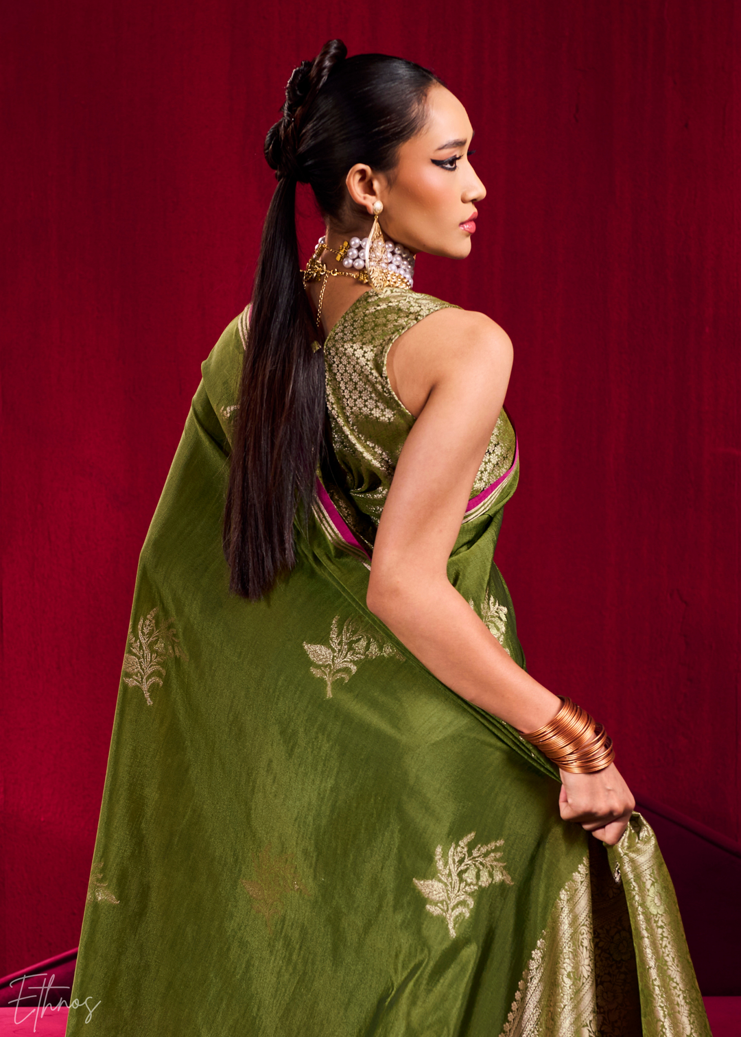 Olive Lotus Zari Satin Linen Silk Saree