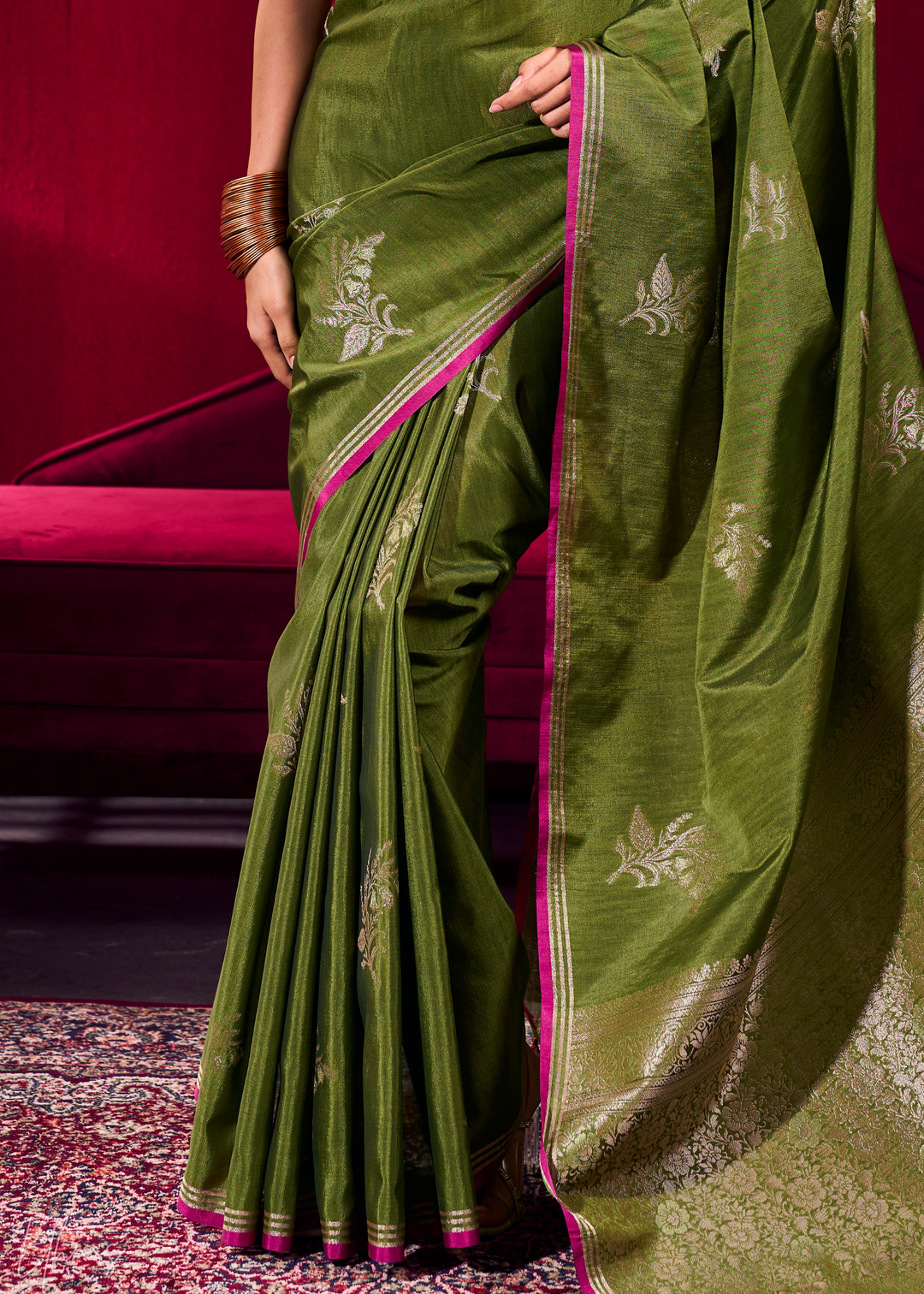 Olive Lotus Zari Satin Linen Silk Saree