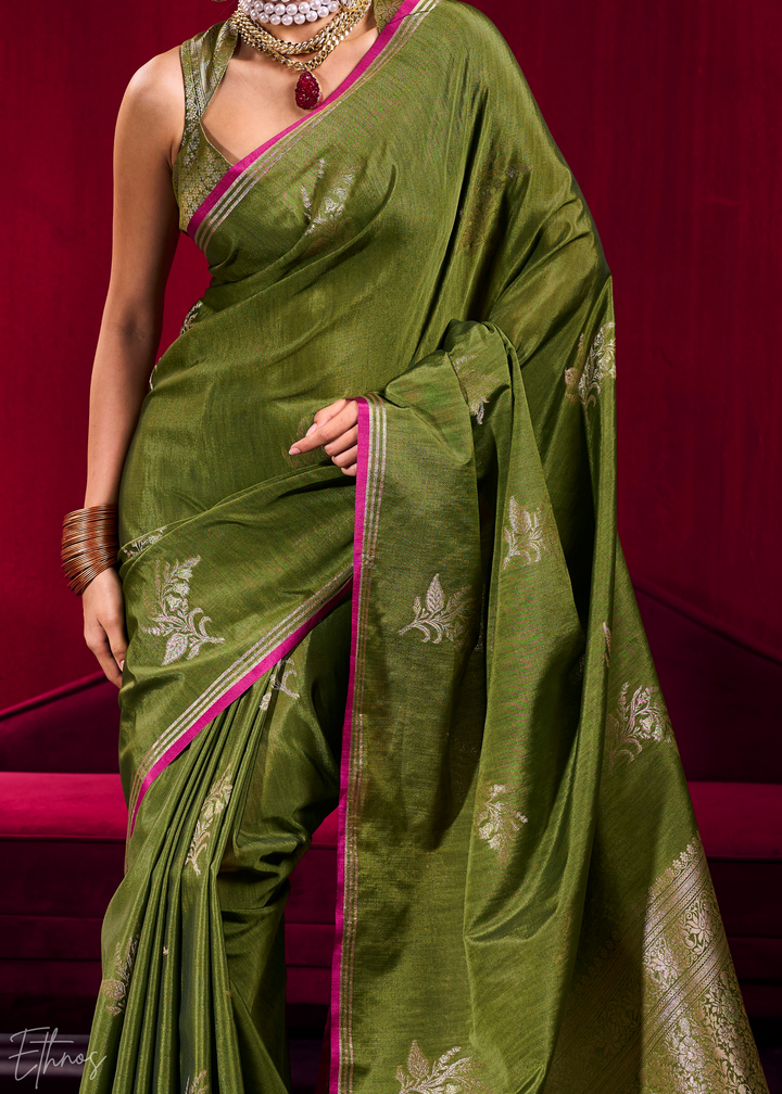 Olive Lotus Zari Satin Linen Silk Saree