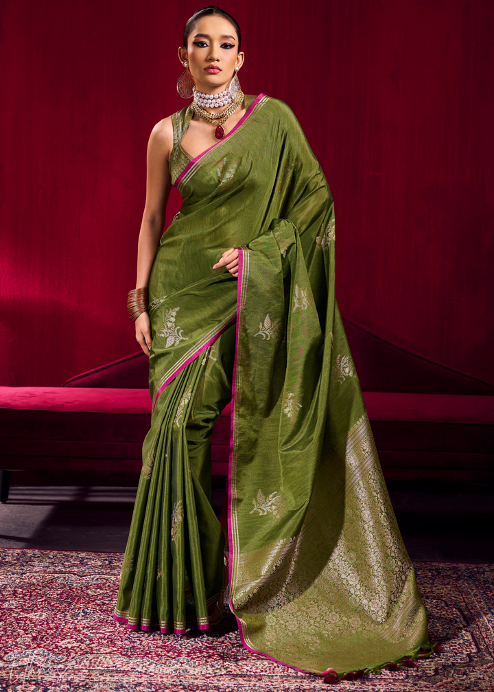 Olive Lotus Zari Satin Linen Silk Saree