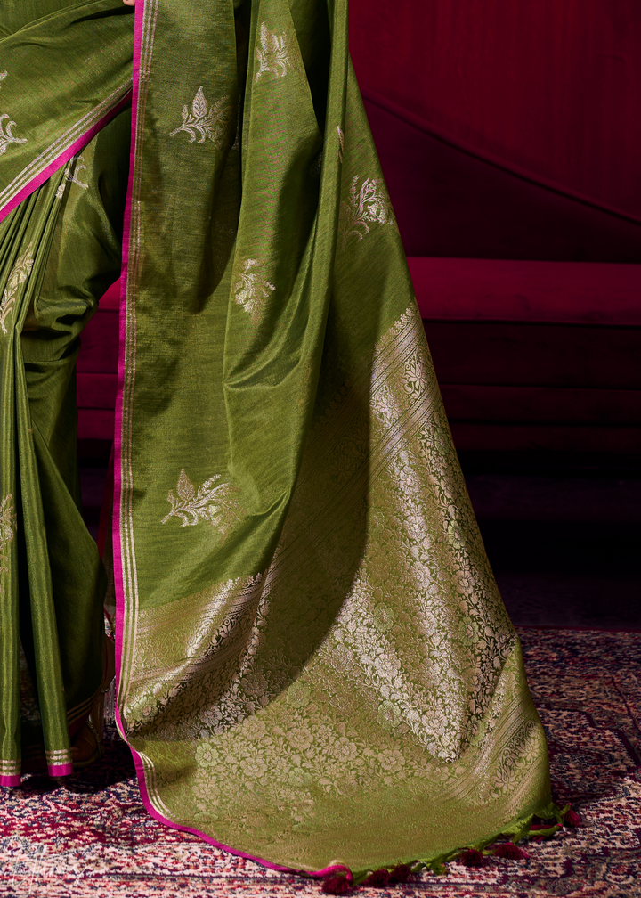 Olive Lotus Zari Satin Linen Silk Saree