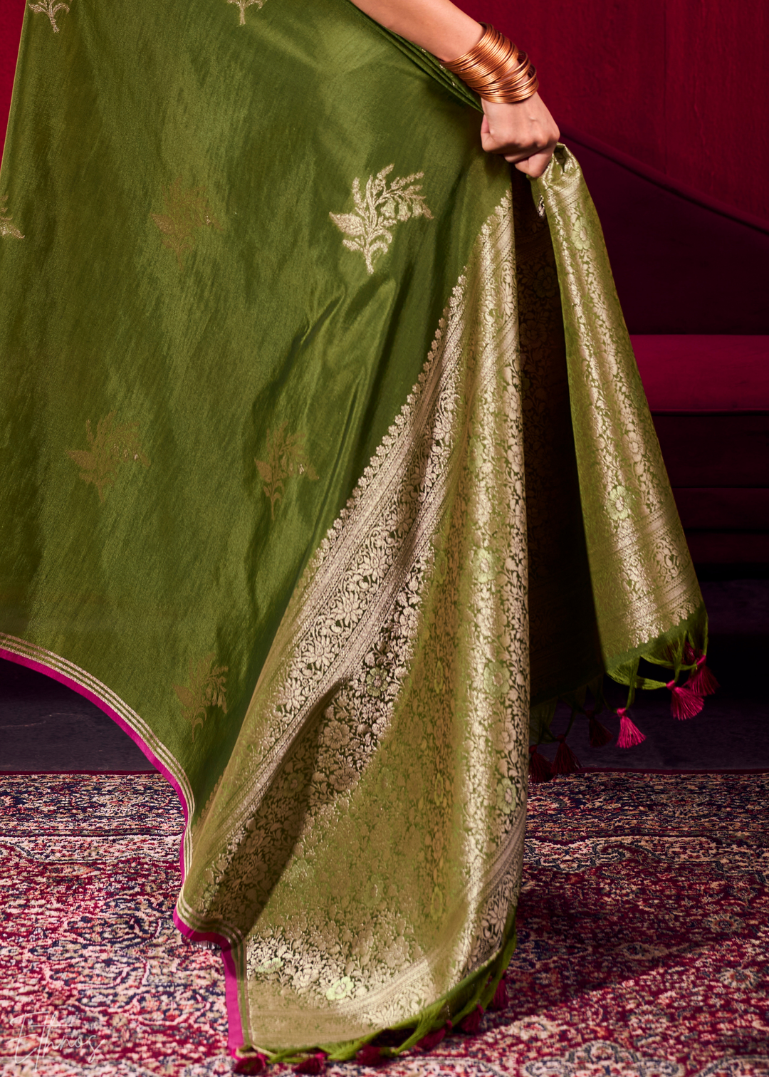 Olive Lotus Zari Satin Linen Silk Saree