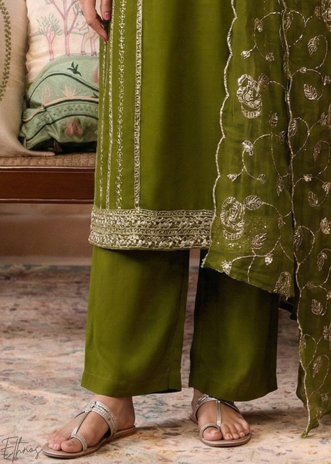 Olive Metallic Rose Organza Palazzo Suit