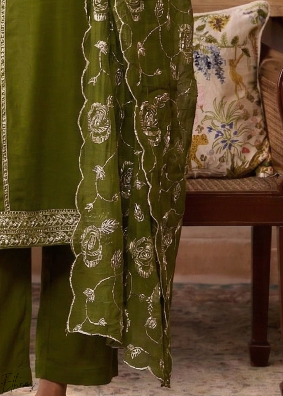 Olive Metallic Rose Organza Palazzo Suit
