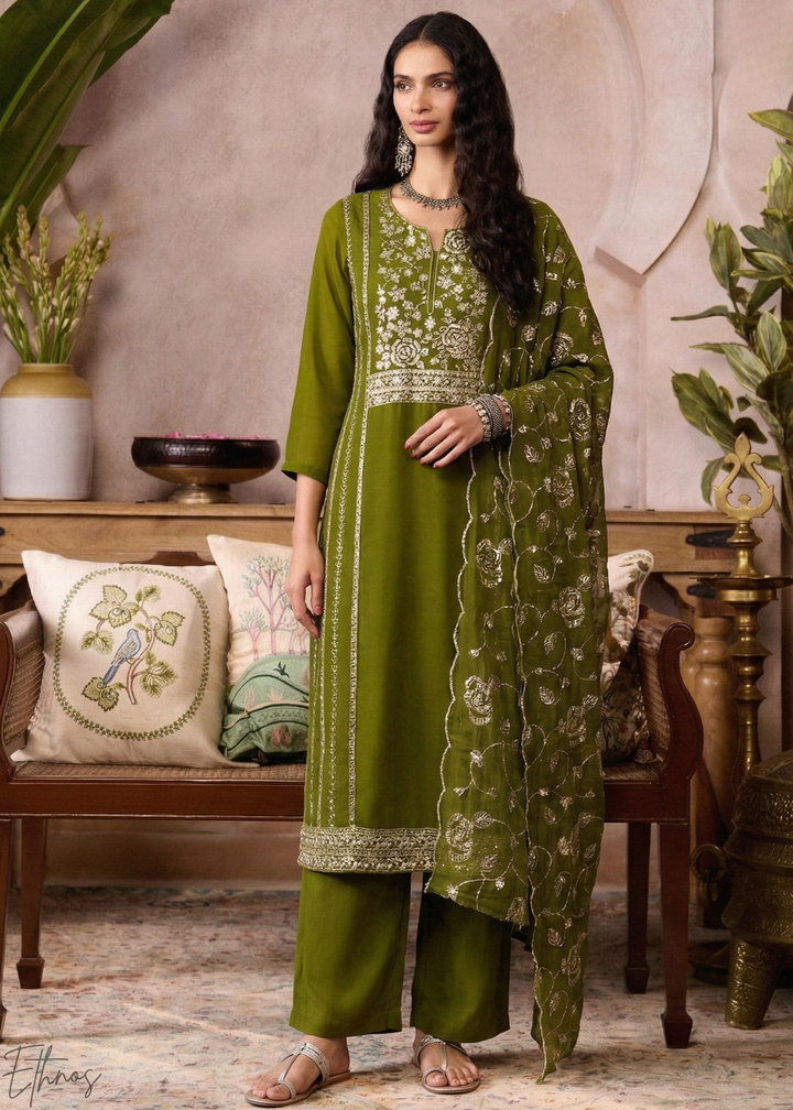 Olive Metallic Rose Organza Palazzo Suit