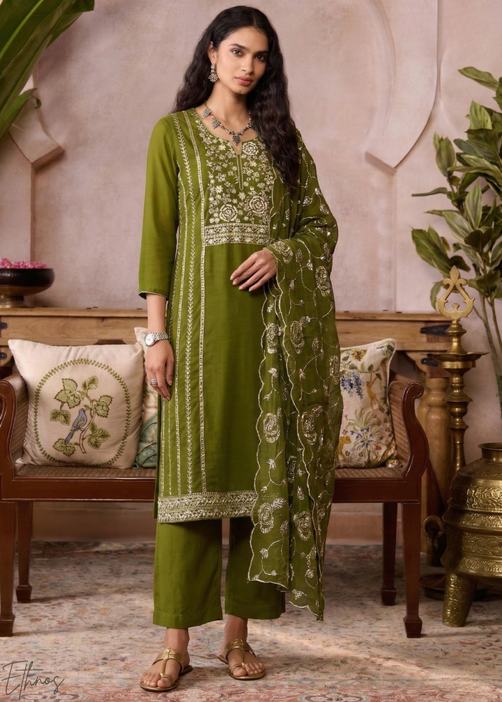 Olive Metallic Rose Organza Palazzo Suit