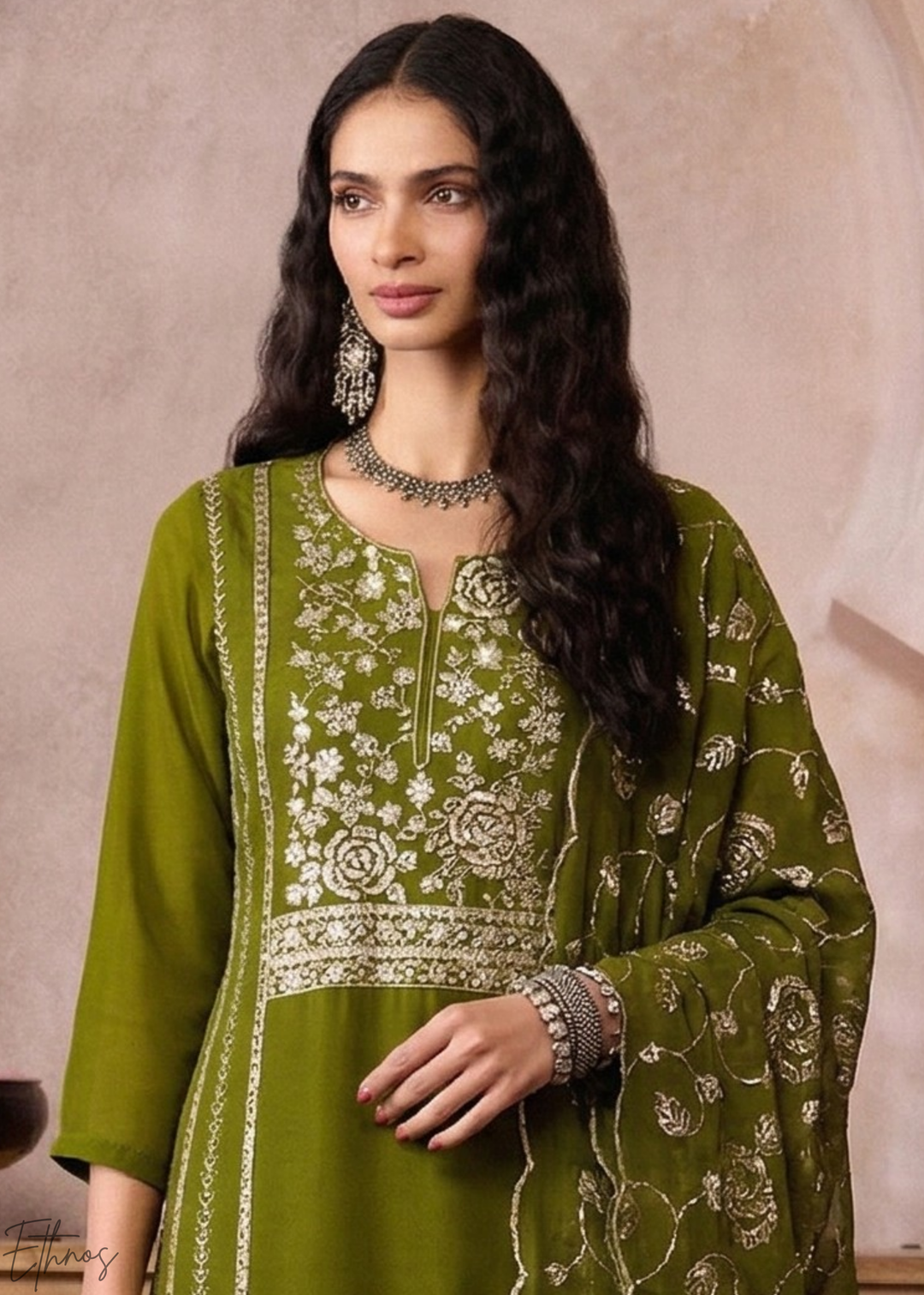 Olive Metallic Rose Organza Palazzo Suit