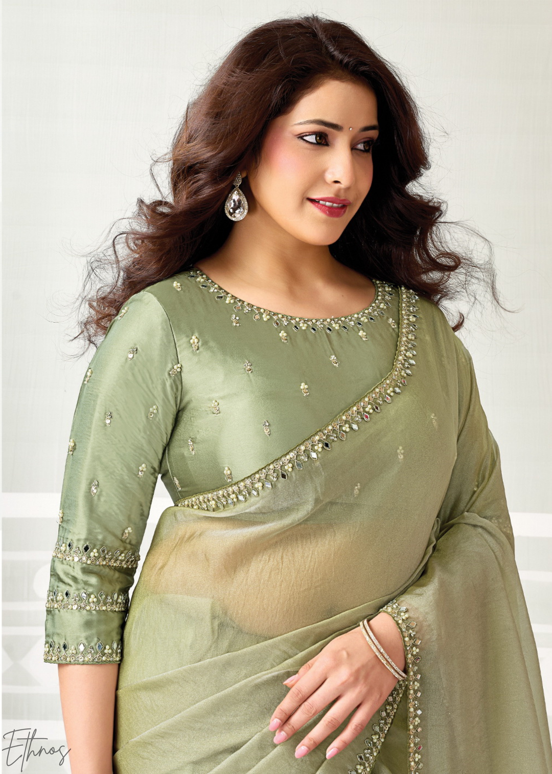 Olive Minimalist Zari Organza Satin Silk Saree