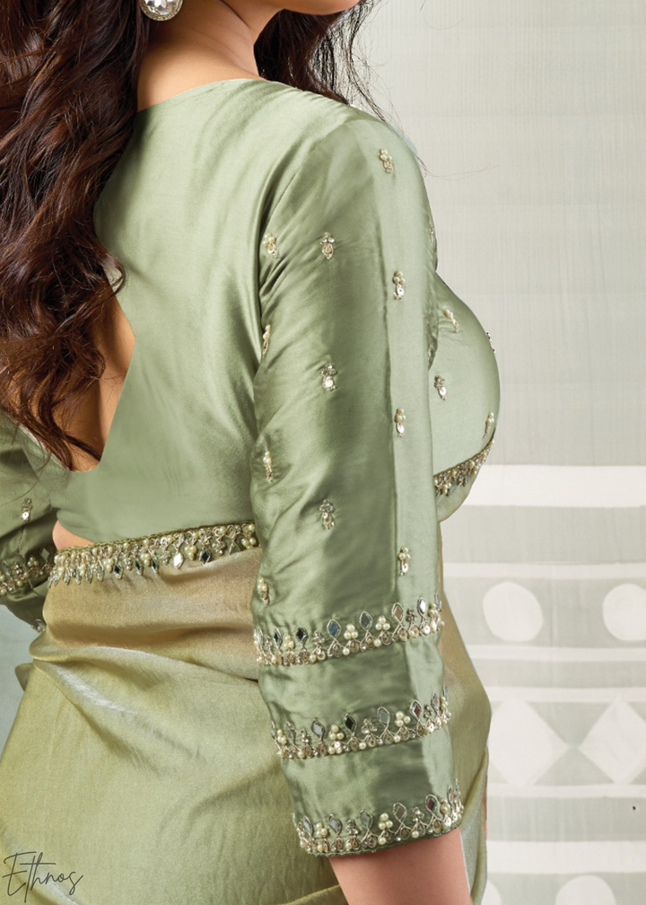 Olive Minimalist Zari Organza Satin Silk Saree