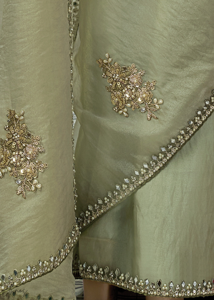 Olive Minimalist Zari Organza Satin Silk Saree