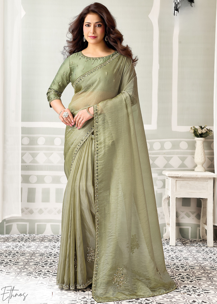 Olive Minimalist Zari Organza Satin Silk Saree