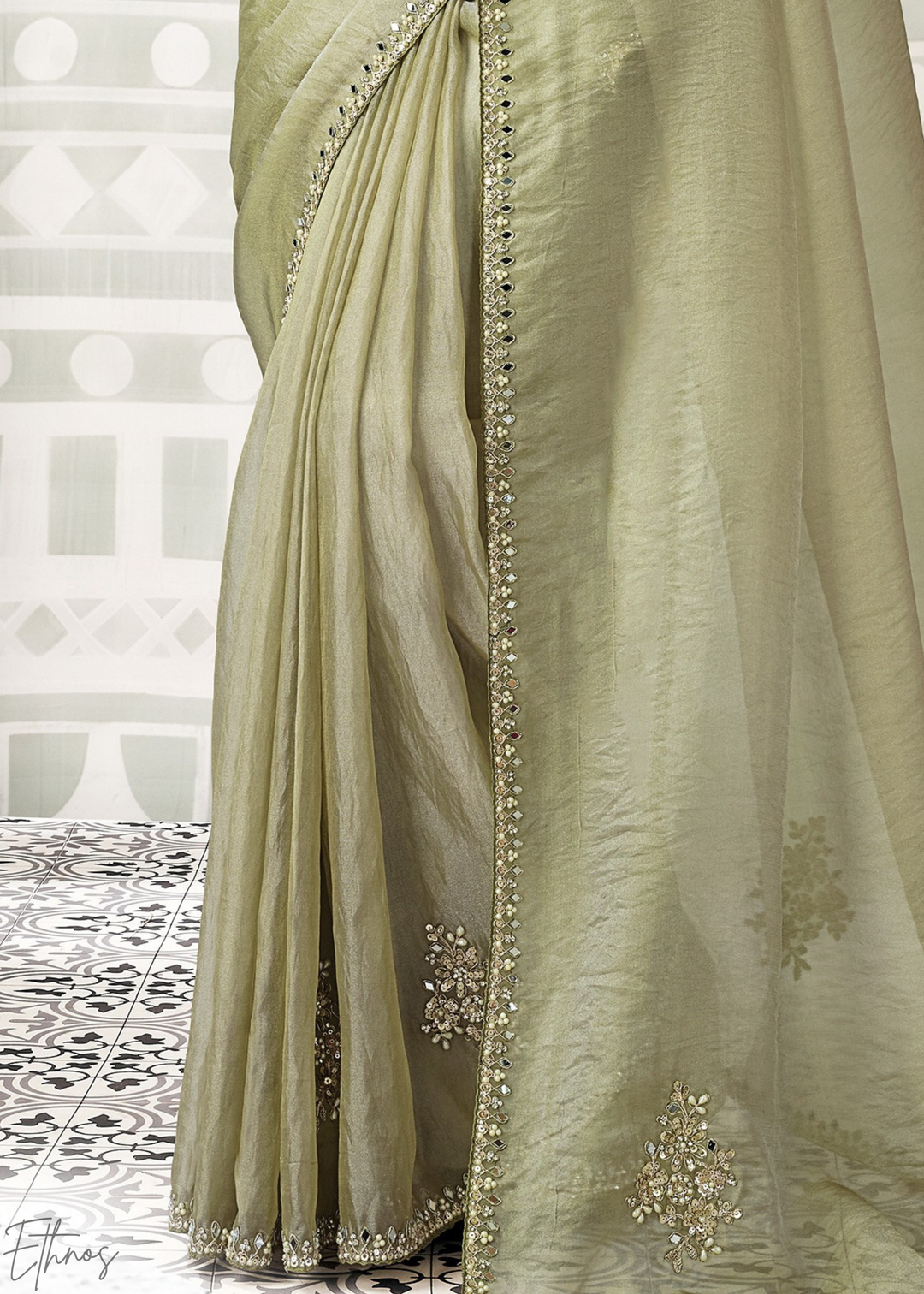 Olive Minimalist Zari Organza Satin Silk Saree