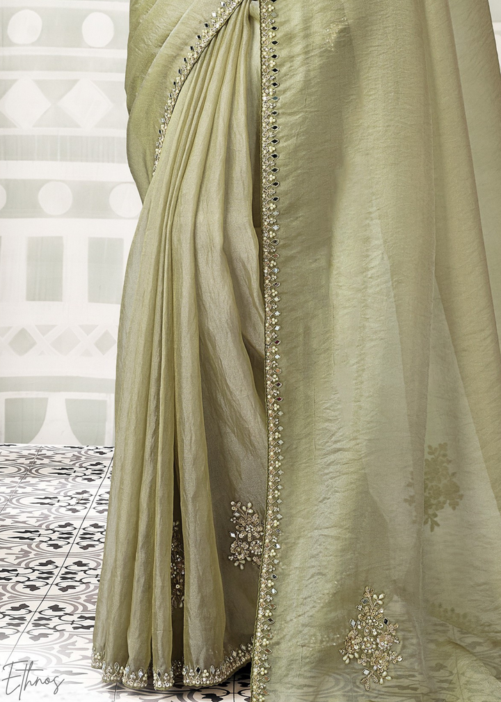Olive Minimalist Zari Organza Satin Silk Saree