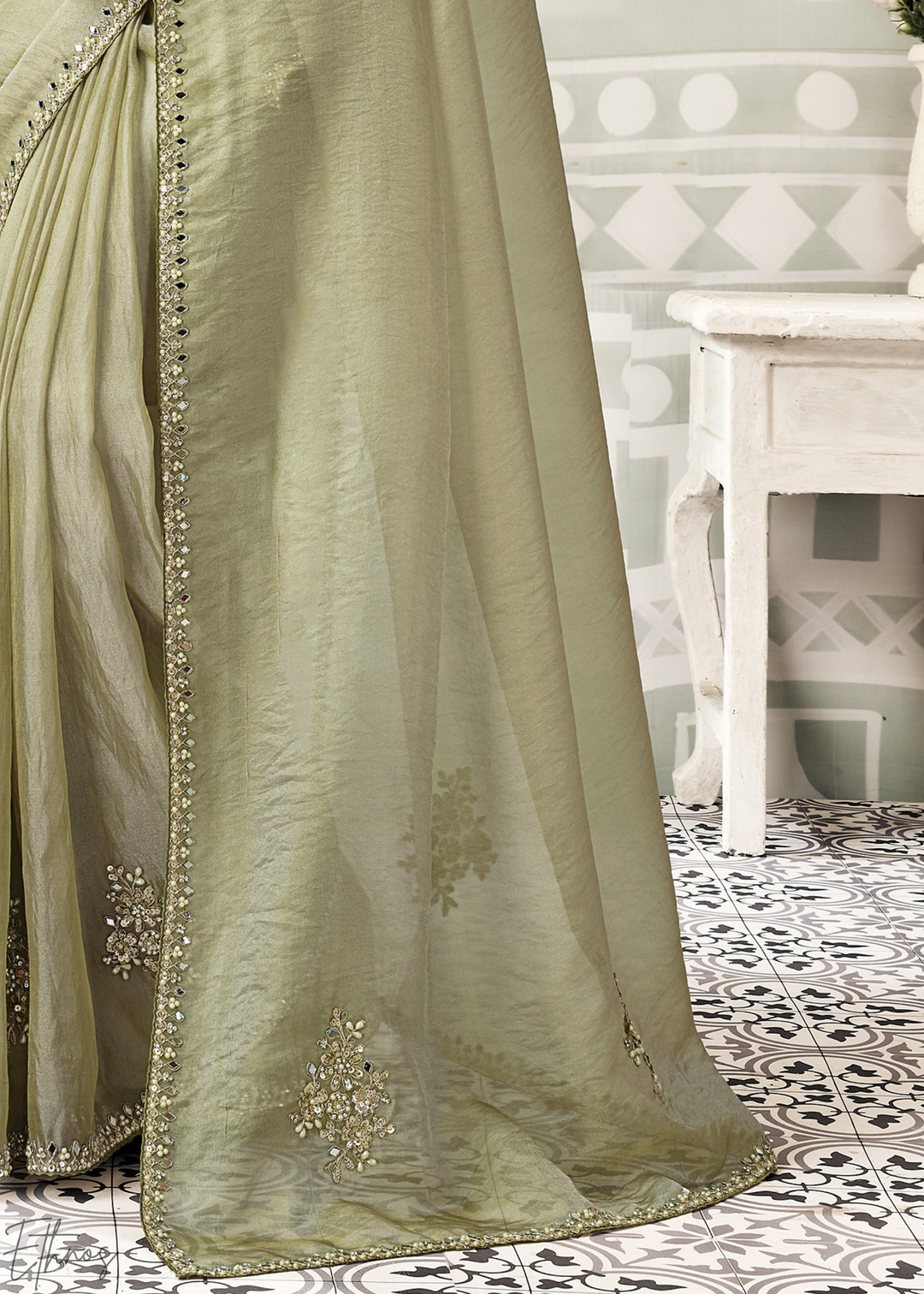 Olive Minimalist Zari Organza Satin Silk Saree