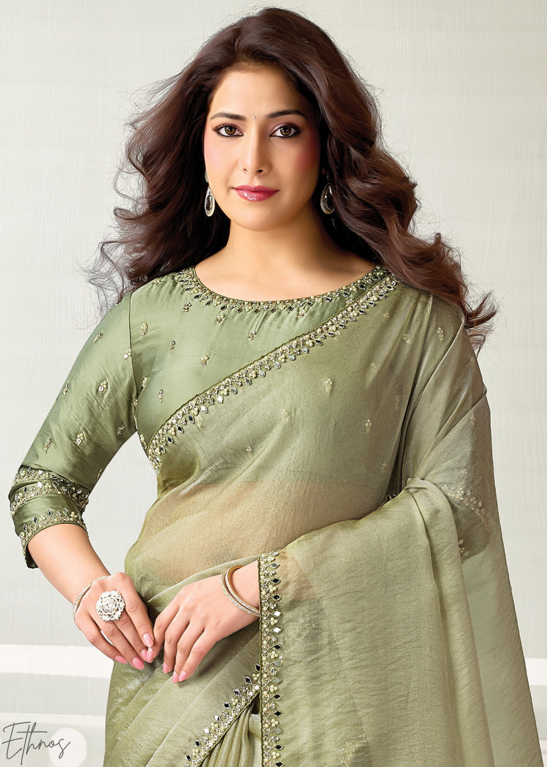 Olive Minimalist Zari Organza Satin Silk Saree