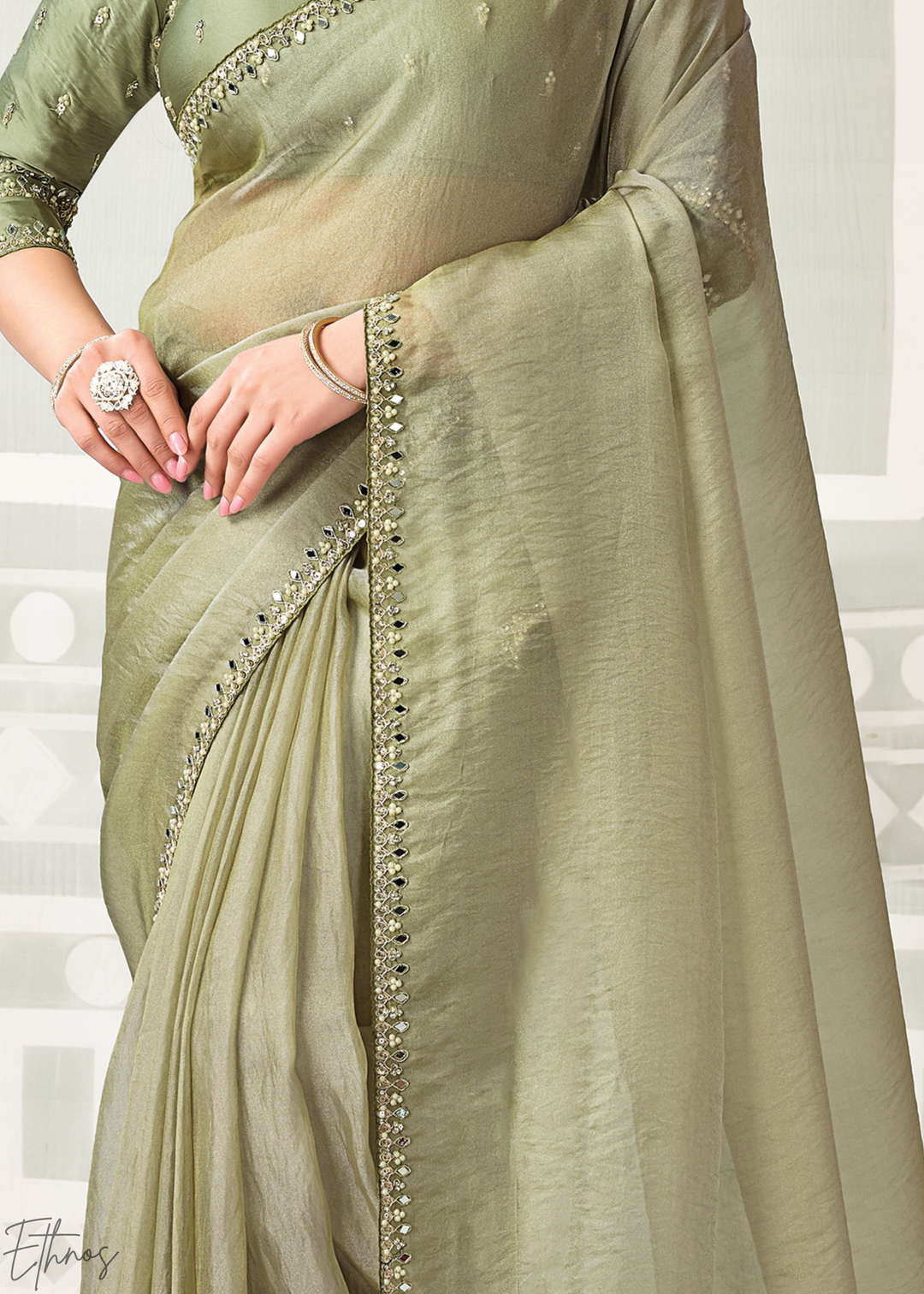 Olive Minimalist Zari Organza Satin Silk Saree
