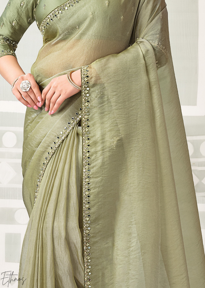 Olive Minimalist Zari Organza Satin Silk Saree