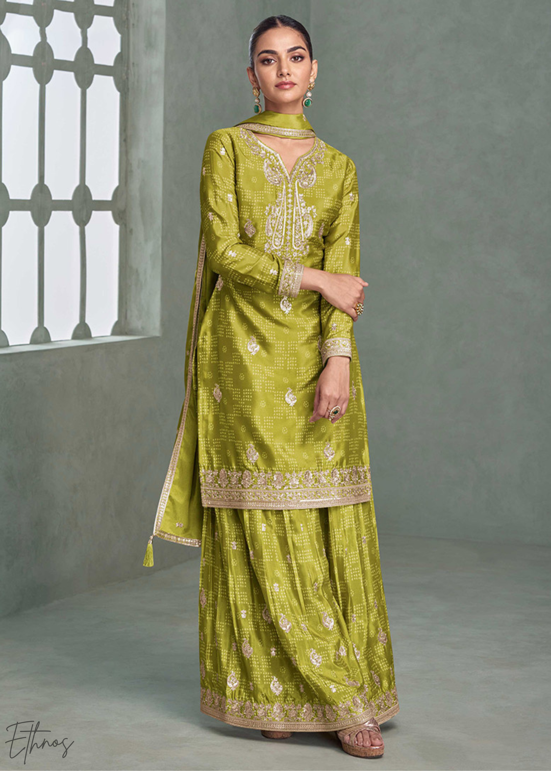 Olive Mustard Floral-Border Chinon Palazzo Suit
