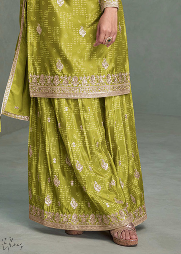 Olive Mustard Floral-Border Chinon Palazzo Suit