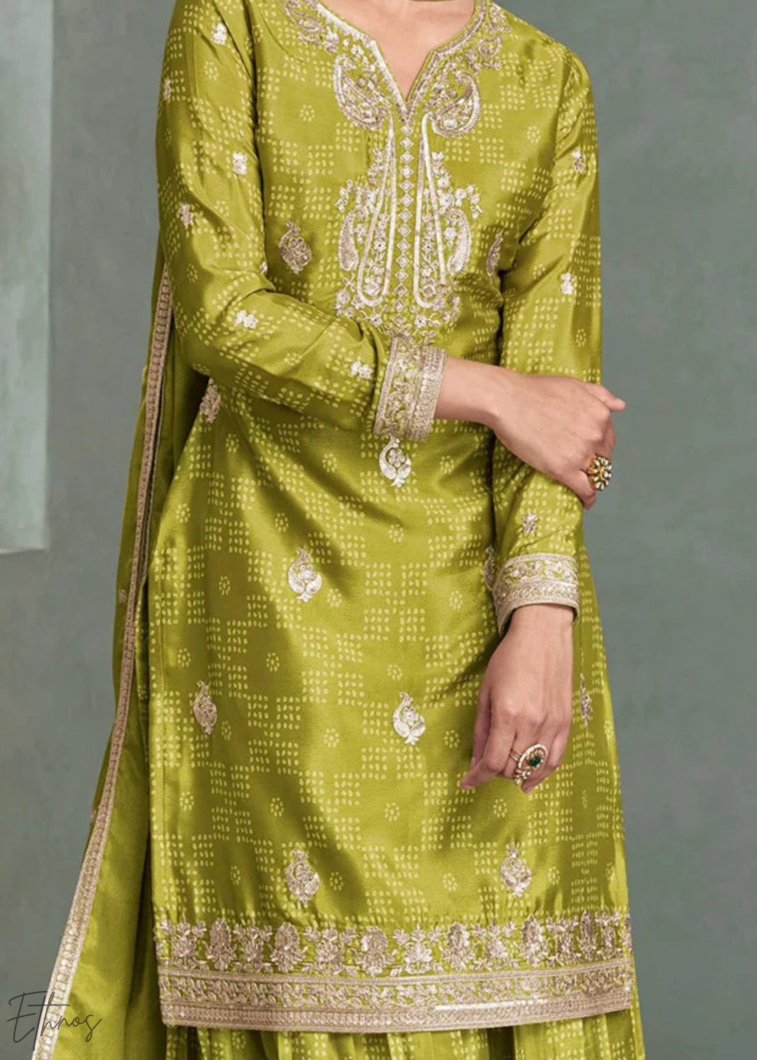 Olive Mustard Floral-Border Chinon Palazzo Suit