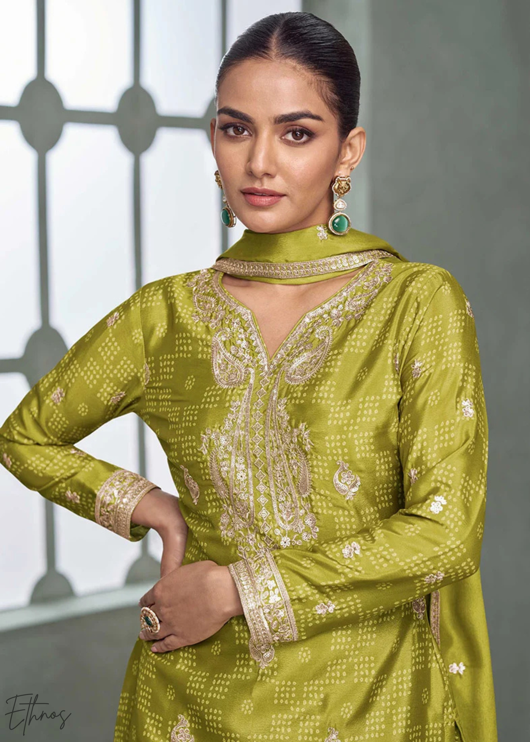 Olive Mustard Floral-Border Chinon Palazzo Suit