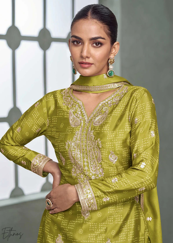 Olive Mustard Floral-Border Chinon Palazzo Suit