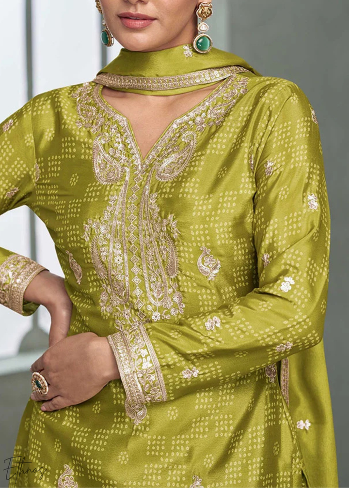 Olive Mustard Floral-Border Chinon Palazzo Suit