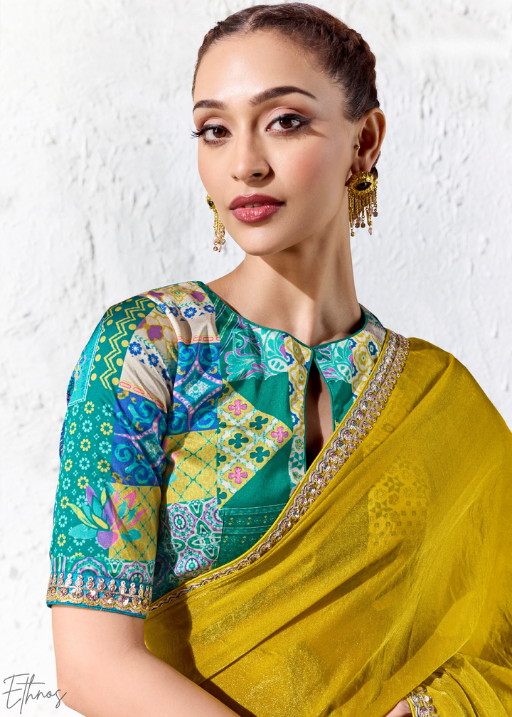 Olive Mustard Solid Body Zari Border Organza Silk Saree