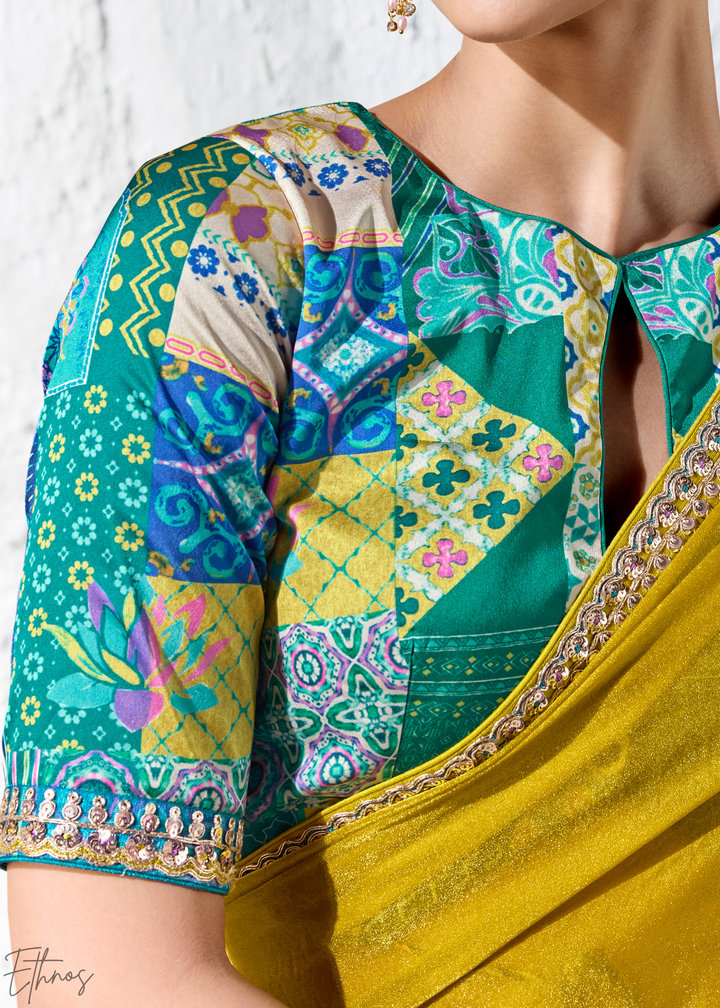 Olive Mustard Solid Body Zari Border Organza Silk Saree